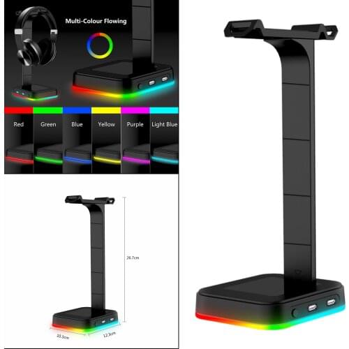 RGB Gaming Headset and Headphone Stand, Desk Dual Headset Hanger Base 2 USB Port for PC Gamer