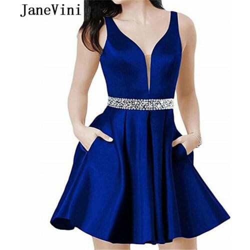 JaneVini Sexy V Neck Royal Blue Short Homecoming Dresses with Pockets A Line Sleeveless Beading Satin Junior Dresses Plus Size