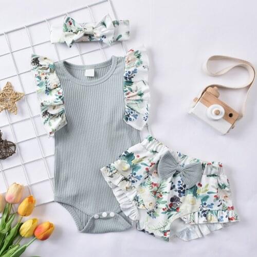 Baby Clothes Set Clothing Newborn Infant Baby Girls Solid Color Romper Bodytsuit+Floral Print Shorts Set одежда для подросткав