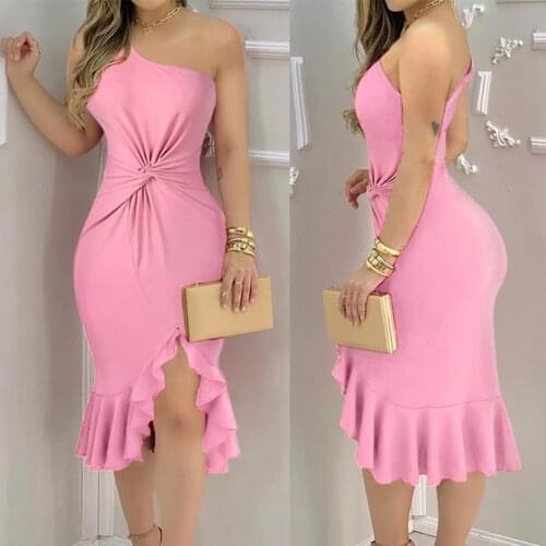 Summer dress sexy one-shoulder tube top twisted ruffled tight dress