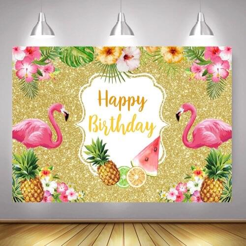 Summer Flamingo Happy Birthday Photography Backdrop Tropical Fruit Themed Birthday Party Selfie Photo Background Golden Glitter