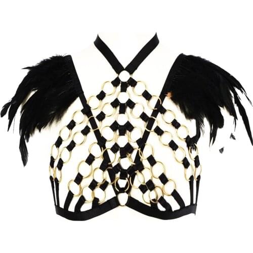 HANAERNES Body Harness Gothic Metal Rings Feather Harness Lingerie Strap for Women