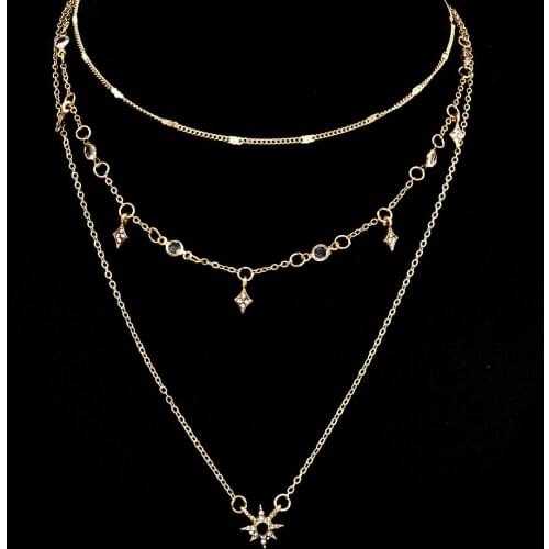 Fashion Multilayer Star Pendant Chain Necklaces Rhinestone Long Choker Women Necklace Statement Party Jewelry