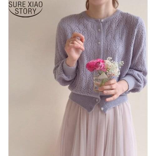 2021 Fashion Lantern Long Sleeve Cardigan Sweater Women White Knitted Sweater Solid Hollow Out Elegant Tops Blusa Feminina 9824