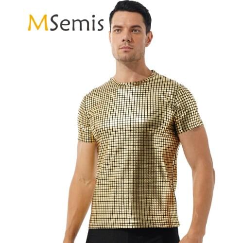 Mens Casual Round Neck Short Sleeve Tops Fashion Metallic Shiny Plaid Blouse T-shirt Male Clubwear for Stage Performance