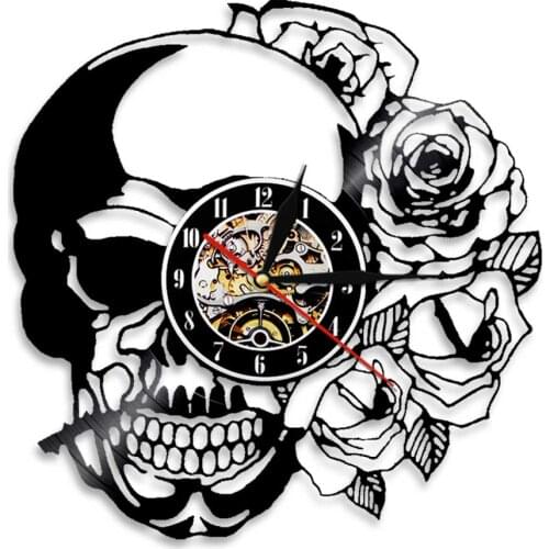 Hippie Skull With Rose Vinyl Record Wall Clock Battery Operated Clockwork Skeleton Skull Thorn Roses Wall Clock Modern Design