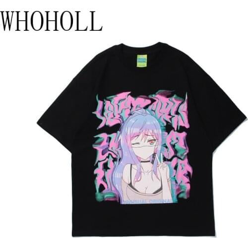 WHOHOLL Casual Cartoon Print Tshirts Harajuku Gothic Punk Short Sleeve T-shirt For Men And Women Couples T-shirt