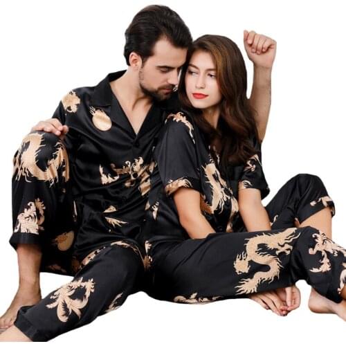 Men Pajamas Set Print Chinese Dragon Satin Silk 2 Piece Pyjamas Set Couples Short-sleeved Rayon Home Wear Nightwear