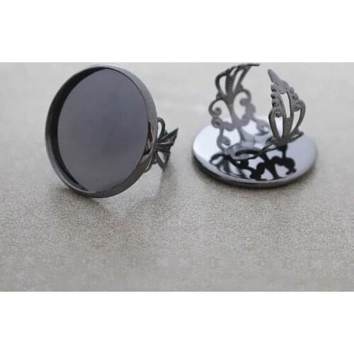 Blank Open Ring Settings with Round Smooth Bezel Resin Cabochons Bases Filigree Flower Rings DIY Findings Gunmetal Black tone