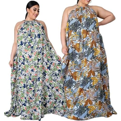 Plus Size Summer Dress 4xl 5xl 6xl Loose Waist Casual Printing Stitching Sling Type Elegant Maxi Dresses Wholesale Dropshipping