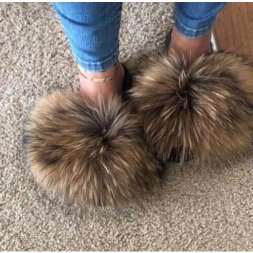 Real Fox Fur Slides Plus Size Summer 2020 Open Toe Fluffy Real Hair Slippers Casual Black Slip On Flip Flops Furry Shoes