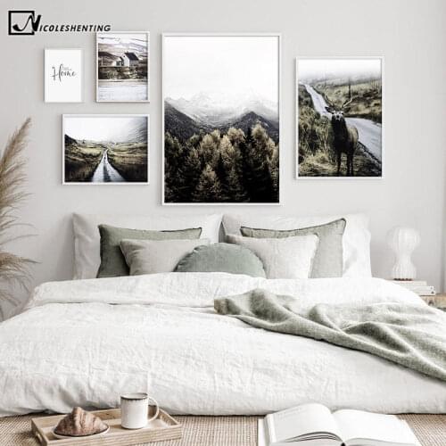 Scandinavian Decoration Canvas Painting Calligraphy Mountain Road Tourism Poster Nordic Nature Landscape Print Wall Art Picture