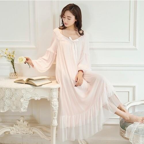 Women Nightgown Modal Female Lace Sexy Sleepwear Retro Long-sleeved Nightgown Casual Daily Sweet Girl Princess Palace Style