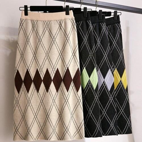Women Autumn Knitted High Waist Skirt Lady Elegant Elastic Plaid Striped Knitting Step Package Hip Skirt