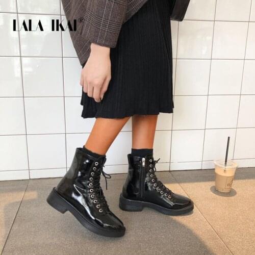 LALA IKAI 2020 New Shoes Winter Plush Warm PU leather Ladies ShoesBlack/White Lace-up Mid-heeled Round Toe Boots XWA10009-4