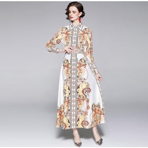 2021 Autumn Winter Fashion Designer Maxi Dress Womens Long Sleeve turn down Collar Vintage Printed Elegant Dress