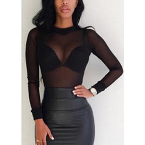 2021 Sexy Women Blouses See Through Transparent Mesh Stand Neck Long Sleeve Sheer Blouse Shirt Ladies Tops Tee Plus Size