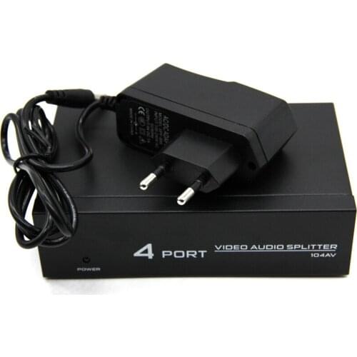 4 Port 1 x 4 AV Video Audio Splitter RCA with Metal Housing 1 in 4 out for DVD HDTV With power adpater US/EU plug for Media
