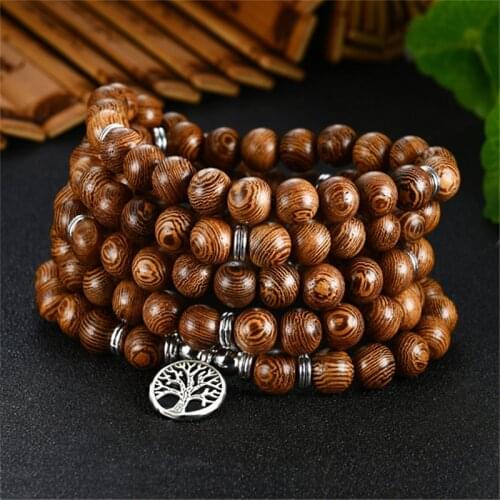 Charm 108 Beads Wood Bracelets Men Women Tibetan Buddhist Prayer Meditation Tree of Life Bracelet Rosary Jewelry