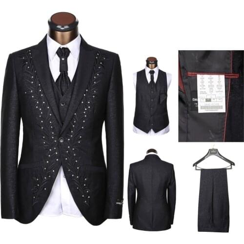 Black One Button Men Suits Embroidered New Arrival 2017 Fashion Tuxedos Custome Homme Blazer Men Terno Slim Fit(Jacket+Pant+Tie)