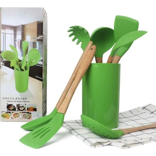 Wooden Handle Silicone Kitchenware 8-piece Set Non Stick Pot Cooking Spoon Shovel Set Kitchen Tools