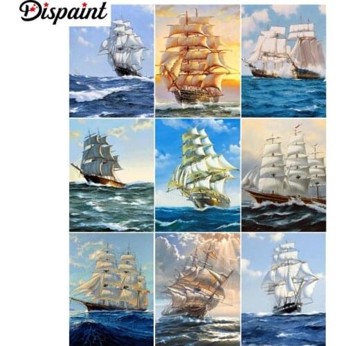 Dispaint Paint With Diamond Embroidery "Sea boat landscape" Diamond Painting Full Square Round Picture Of Rhinestone Decor
