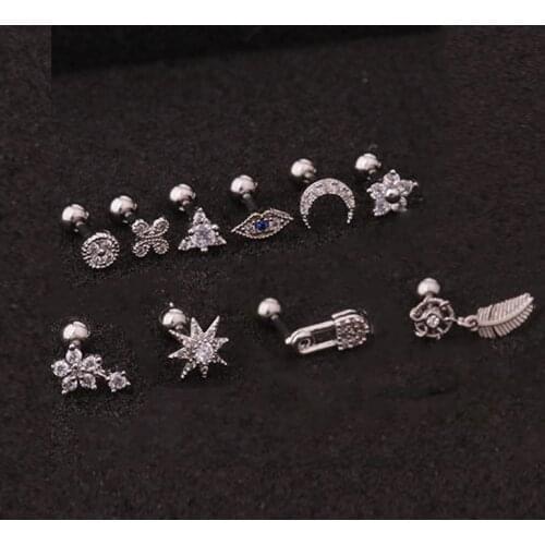 Cartilage Stud Moon Star Heart Cross Flower Crown Helix Tragus Piercings Conch Rook Stud Earring Piercing Jewelry