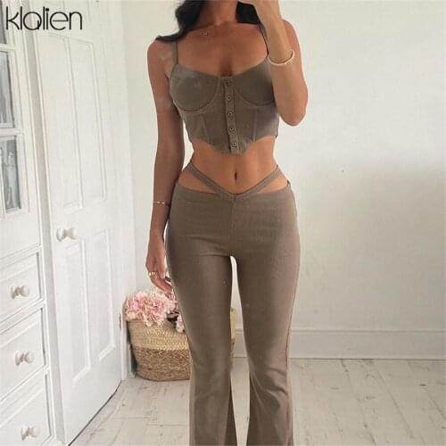 KLALIEN Fashion Sexy Office Lady Rib Knit Solid Slim Tank Top and Trousers Two Piece Set Summer New Simple Skinny Activewear