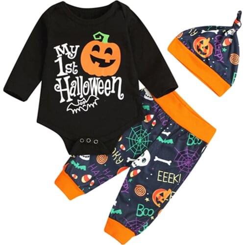 Infant Baby Girls Boys Halloween Printed Clothes Set, Long Sleeve O-neck Romper+Trousers+Pointed Hat