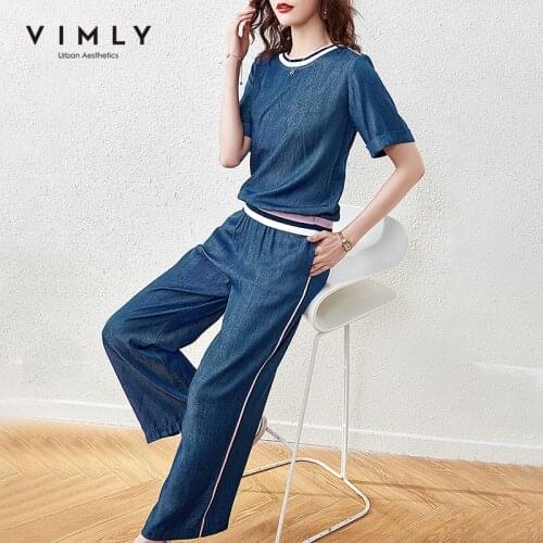 VIMLY Summer Two Piece Set Women Fashion Round Neck Panelled Tshirt Tops High Waist Elastic Wide Leg Pants Woman Pant Set F7260