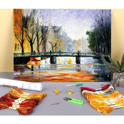 Oil Style Amsterdam Printed Fabric 11CT Cross Stitch DIY Embroidery Set DMC Threads Hobby Handicraft Craft Adults