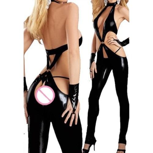 Fashion Sexy Lady PVC Leather Erotic Harness Lingerie Nightclub Steel Dance Wetlook Catsuit Fancy Party Dress