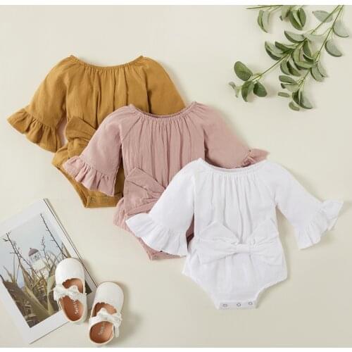 Baby Girl Fashionable Solid Style Bowknot Decor Long-sleeve Romper
