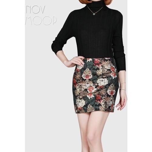 2018 New office style ladies floral print genuine leather real lambskin pencil skirt faldas mujer etek jupe plus size LT2596