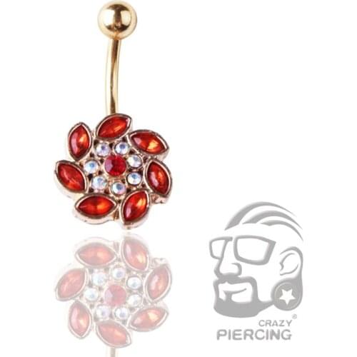New Flower Rhinestone Piercing 316L Steel Fashion Red Navel Belly Button Rings Umbilical Nail Body Jewelry