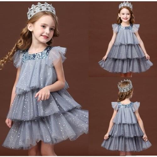 Girls Tulle Sequined Cake Princess Dress For Kids Summer Cute Ruffled Lace Fairy Wedding Party Vestidos Children Casual Clothes