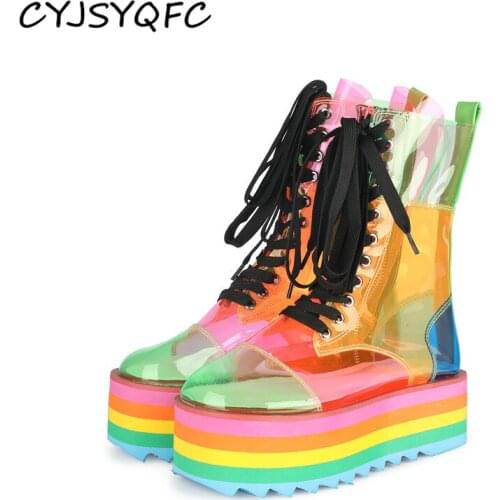CYJSYQFC Design Rainbow Flat Platform PVC Transparent Women Ankle Boots Lace Up Thick Sole Mixed Color Short Boots Big Size 45