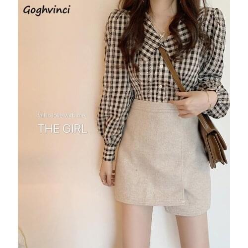 Shirts Women Peter Pan Collar Plaid Lantern Sleeve Sweet Tender Elegant Girls Casual New Arrival Top Korean Style Vintage Female