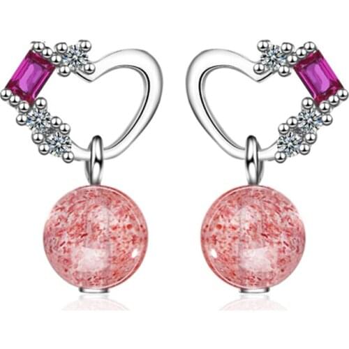 Korean temperament personality trend wild natural pink strawberry crystal heart shape silver plated stud earrings WE114