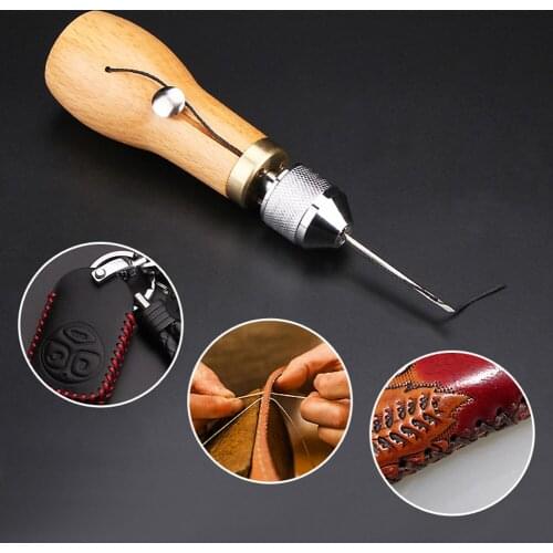 DIY Wooden Handle Waxed Thread Leather Sewing Machine DIY Punch Awl Stitching Needle Sewing Craft Canvas Hand Repair Tool