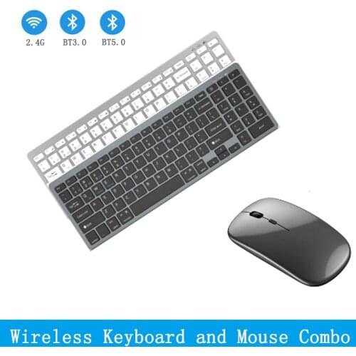 Three-mode Wireless Keyboard and Mouse Combo Bluetooth + 2.4GHz Rechargeable Keyboard Mouse Set for Mac iPad Windows PC Android