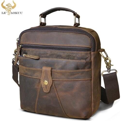 Crazy Horse Leather Male Vintage Tote College Messenger bag Design 9.8" Tablet Satchel Cross-body One Shoulder bag For Men 041