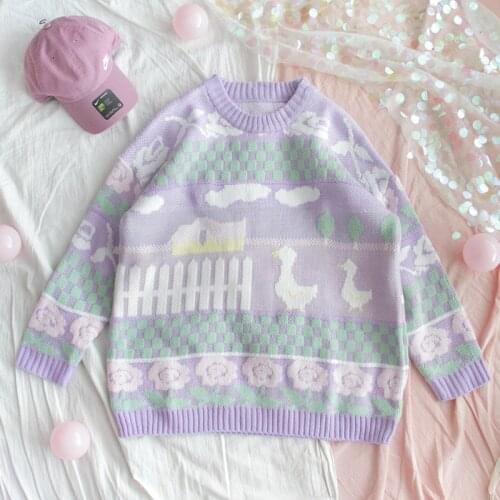 Japanese Sweater And Pullovers Teen Girls Long SLeeve Streetwear Knit Tops Autumn Winter Sweet Purple Duck Soft Sister Jumpers