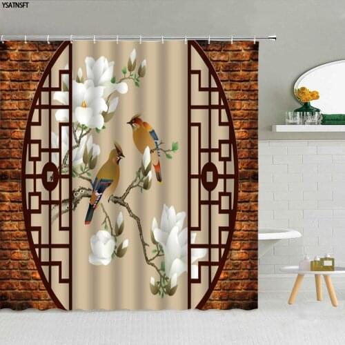 Chinese Style Screen Flower Bird Shower Curtain Stone Wall Bamboo Mountain Water Fabric Bathroom Supplies With Hooks Home Decor