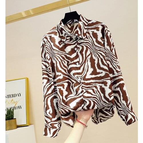 2021 New Spring Vintage Loose Tops Zebra Print Chiffon Blouse Long Sleeve Shirt Women Lapel comfortable ventilation