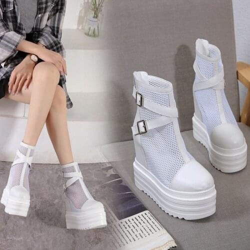 2021 Summer Breathable Womens Platform Boots Harajuku Chunky Heel Ladies Spring Shoes Thick Bottom Zipper Street Style
