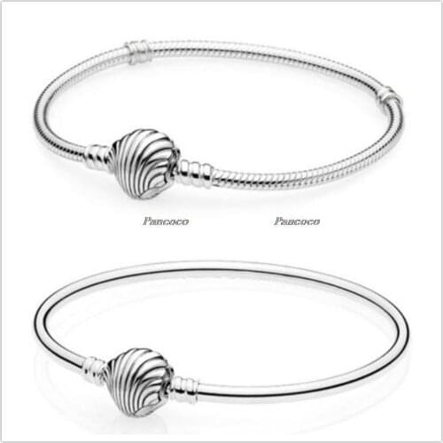 925 Sterling Silver Seashell Clasp Turquoise Leather Bangle Bracelet Fit Women Bead Charm Fashion Jewelry