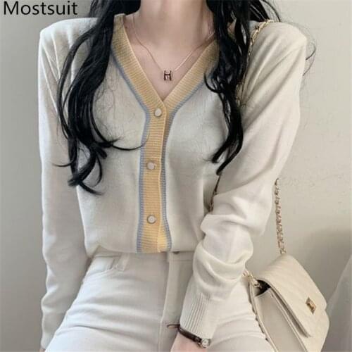 Color-blocked V-neck Knitted Women Cardigan Sweater Full Sleeve Single-breasted Korean Elegant Tops 2021 Spring Fashion Jumpers