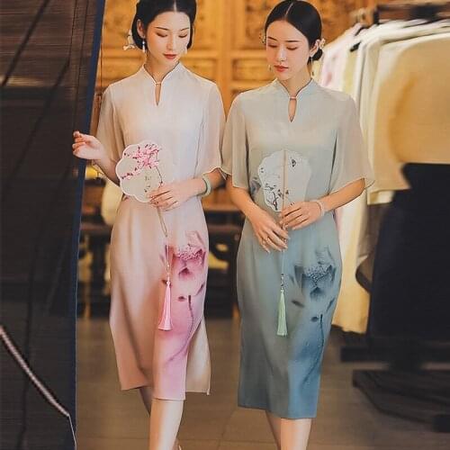 Chinese Style Elegant Stand Collar Vintage Print Dress Women Summer Flared Sleeves Split Fork Slim Dresses Improved Cheongsam