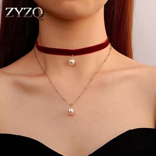 ZYZQ Simple Double-Layer Pendant Necklace For Women Vintage Velvet Imitation Pearl Choker Necklace Fashion Cocktail Party